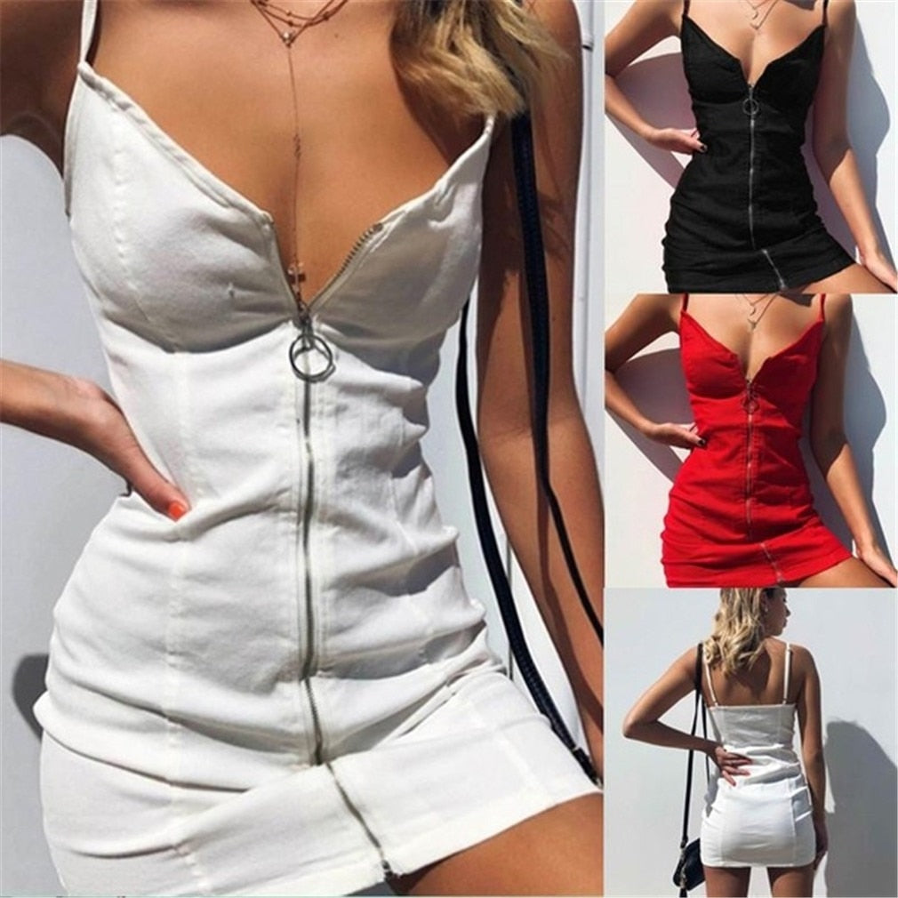 Women Mini Dress Red Sexy Bodycon Dress Metal Ring Front Zipper Spaghetti Strap Backless Lady Short Dress Party Clubwear Vestido