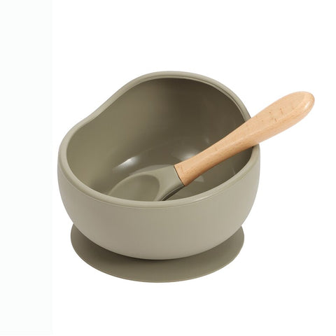 Baby Silicone Feeding Dinnerware Wooden Spoon Suction Bowl Baby Plate Kids Toddler Assist Set BPA Free High Quality Silicone