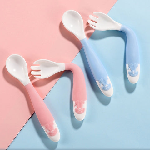 2Pcs Bendable Baby Spoon Fork Set Baby Toddler Infant Learning Tableware Flatware Utensils Baby Kids Cutlery with Storage Box