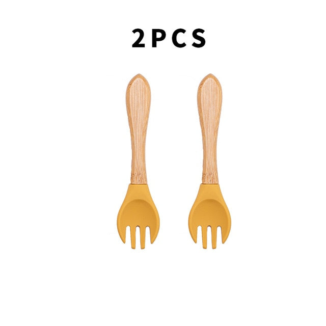 Baby Fork Spoon Silicone Wooden Feeding Spoon Soft Tip Fork BPA Free Food Grade Materia Bamboo Handle Toddlers Gifts