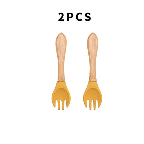 Baby Fork Spoon Silicone Wooden Feeding Spoon Soft Tip Fork BPA Free Food Grade Materia Bamboo Handle Toddlers Gifts