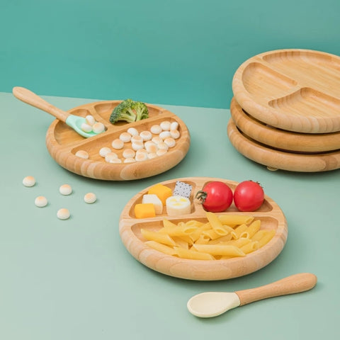Baby Dinner Plate Baby Feeding Bowl Wooden Kids Feeding Dinnerware With Silicone Suction Cup Wooden Fork Spoon Children&#39;s Dishes