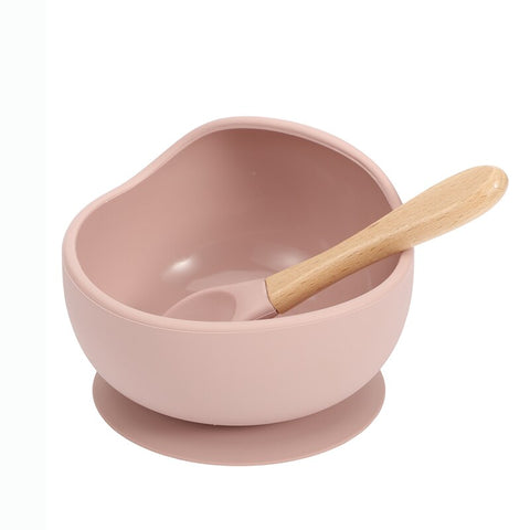 Baby Silicone Feeding Dinnerware Wooden Spoon Suction Bowl Baby Plate Kids Toddler Assist Set BPA Free High Quality Silicone