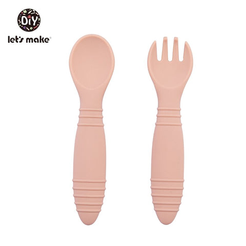 Let&#39;s Make Silicone Baby Feeding Set Waterproof Spoon Fork Non-Slip Feedings Tableware Baby Products Dinnerware For Kid BPA Free