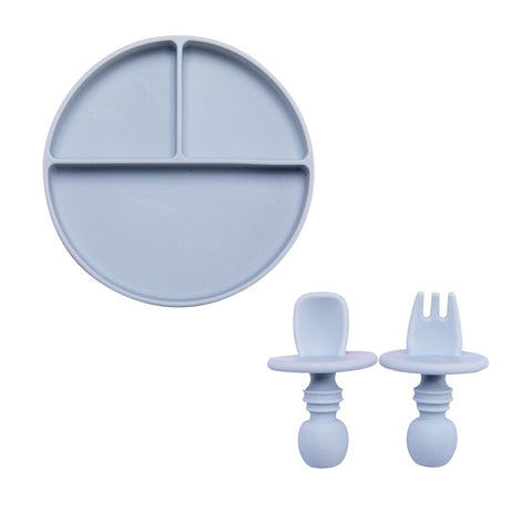 Fashion Solid Silicon Plate Set For Baby Kids Training Feeding Dinnerware Baby Learning Plate Set With Fork Spoon BPA Free