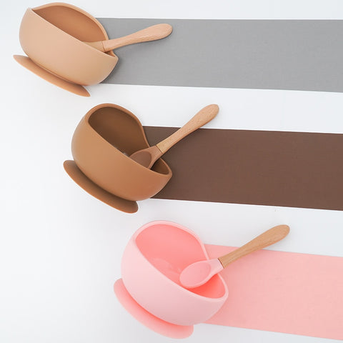 New Colors Feeding Set Food Grade Silicone Baby Bowl Set Non-silp Suction Bowl Spoon Kids Dinnerware BPA Free Tableware Dropship