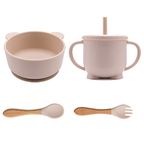 4Pcs/Set Silicone Baby Feeding Bowl Set Baby Learning Suction Bowl Cup Dinnerware Panda BPA Free Silicone Fork Spoon Dishes