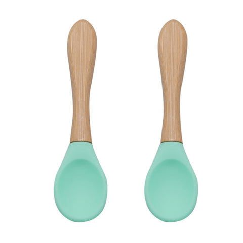 Baby Fork Spoon Silicone Wooden Feeding Spoon Soft Tip Fork BPA Free Food Grade Materia Bamboo Handle Toddlers Gifts