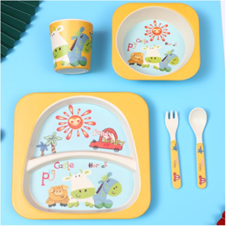 Imebaby5 piece set bamboo tableware bamboo bowl baby feeding plate creative cartoon children bowl / cup / fork spoon gift set