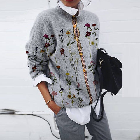 Women Autumn Winter Knitting Blouse Casual Turn-down Collar Buttons Elegant Floral Print Top Loose Streetwear Ladies Blouses 3XL