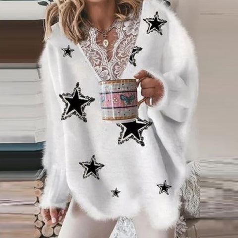 Knitting Women Sweater Sexy V-neck Lace Winter Keep Warm Blouse Fashion Beading Love Smiley Printed Autumn Ladies Loose Sweaters