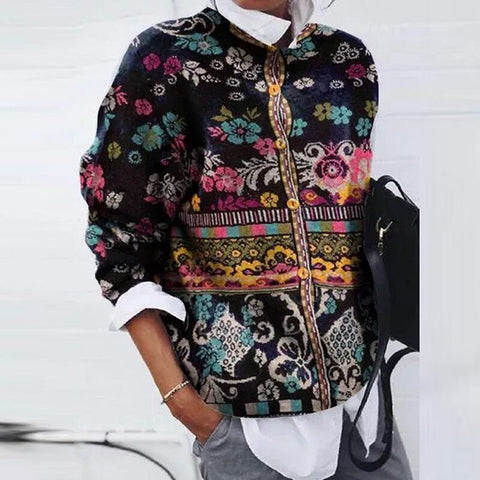 Women Autumn Winter Knitting Blouse Casual Turn-down Collar Buttons Elegant Floral Print Top Loose Streetwear Ladies Blouses 3XL