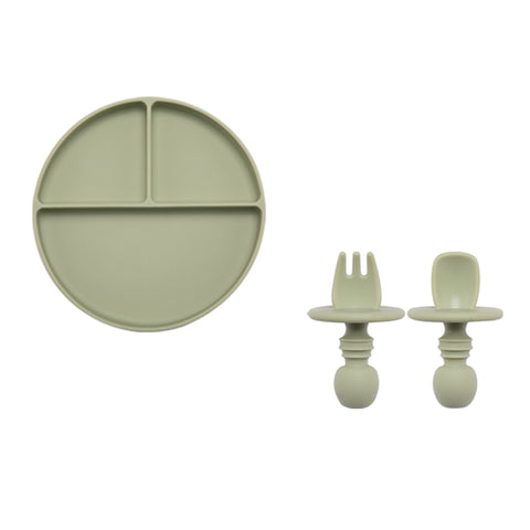 Fashion Solid Silicon Plate Set For Baby Kids Training Feeding Dinnerware Baby Learning Plate Set With Fork Spoon BPA Free