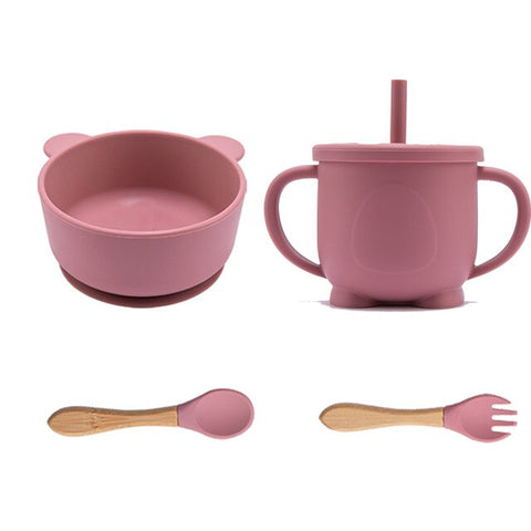 4Pcs/Set Silicone Baby Feeding Bowl Set Baby Learning Suction Bowl Cup Dinnerware Panda BPA Free Silicone Fork Spoon Dishes
