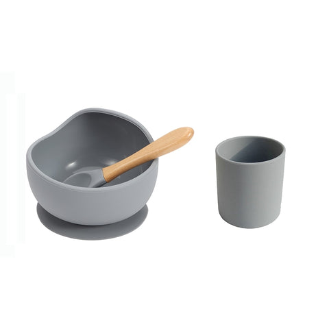 Baby Silicone Dinnerware Silicone Feeding Set Soft Cups BPA Free Wooden Spoon Kids Toddler Suction Bowl Food Grade Tableware