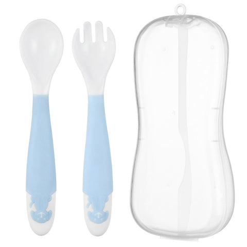 2Pcs Bendable Baby Spoon Fork Set Baby Toddler Infant Learning Tableware Flatware Utensils Baby Kids Cutlery with Storage Box