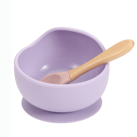 Baby Silicone Feeding Dinnerware Wooden Spoon Suction Bowl Baby Plate Kids Toddler Assist Set BPA Free High Quality Silicone