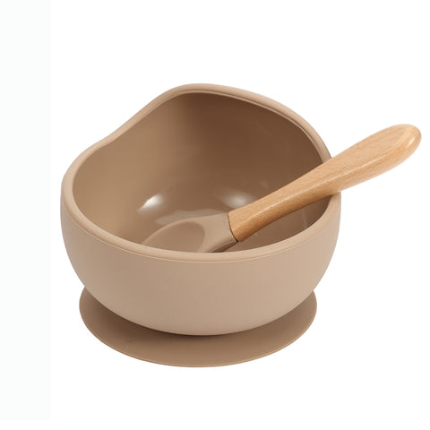 Baby Silicone Feeding Dinnerware Wooden Spoon Suction Bowl Baby Plate Kids Toddler Assist Set BPA Free High Quality Silicone
