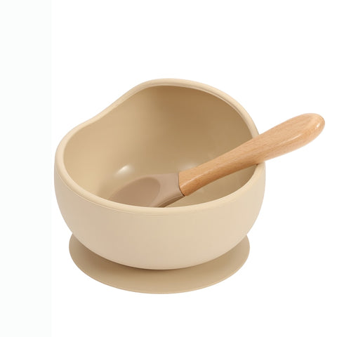 Baby Silicone Feeding Dinnerware Wooden Spoon Suction Bowl Baby Plate Kids Toddler Assist Set BPA Free High Quality Silicone