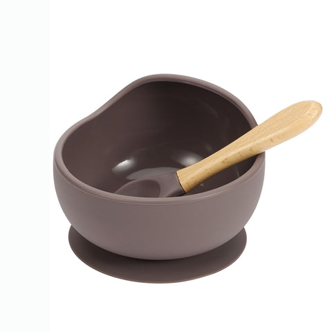 Baby Silicone Feeding Dinnerware Wooden Spoon Suction Bowl Baby Plate Kids Toddler Assist Set BPA Free High Quality Silicone