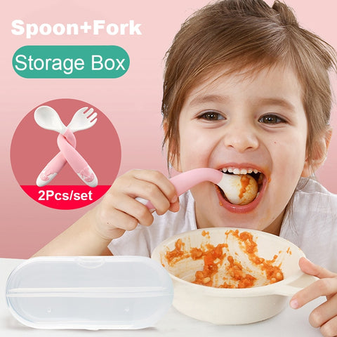 2Pcs Bendable Baby Spoon Fork Set Baby Toddler Infant Learning Tableware Flatware Utensils Baby Kids Cutlery with Storage Box