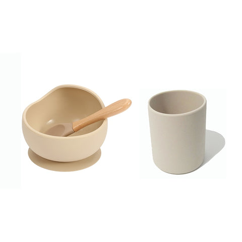 Baby Silicone Dinnerware Silicone Feeding Set Soft Cups BPA Free Wooden Spoon Kids Toddler Suction Bowl Food Grade Tableware