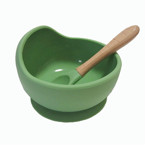 Baby Silicone Feeding Dinnerware Wooden Spoon Suction Bowl Baby Plate Kids Toddler Assist Set BPA Free High Quality Silicone