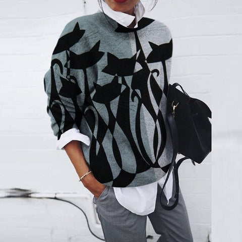 Vintage Print Loose Top Casual O Neck Long Sleeve Women Blouse 2021 Autumn Winter New Fashion Elegant Knitting Blouses Plus Size