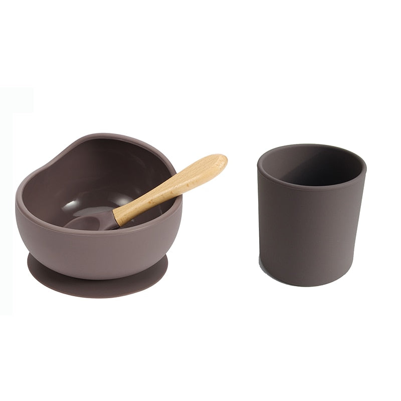 Baby Silicone Dinnerware Silicone Feeding Set Soft Cups BPA Free Wooden Spoon Kids Toddler Suction Bowl Food Grade Tableware
