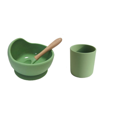 Baby Silicone Dinnerware Silicone Feeding Set Soft Cups BPA Free Wooden Spoon Kids Toddler Suction Bowl Food Grade Tableware