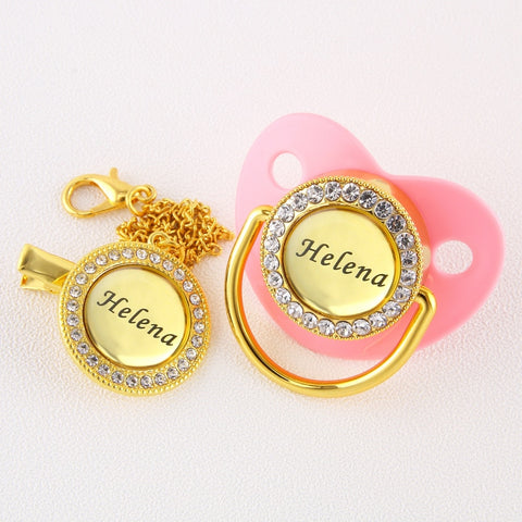 0-18 Months BPA Free Customized Any Name Personalized Golden Bling Pacifier And Clip Luxury Baby Pacifier For Baby Shower Gift
