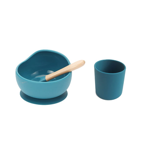 Baby Silicone Dinnerware Silicone Feeding Set Soft Cups BPA Free Wooden Spoon Kids Toddler Suction Bowl Food Grade Tableware