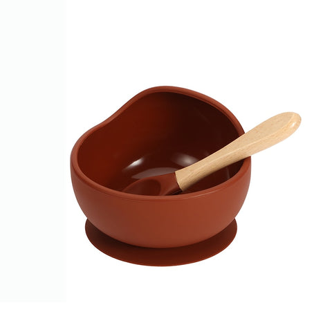 Baby Silicone Feeding Dinnerware Wooden Spoon Suction Bowl Baby Plate Kids Toddler Assist Set BPA Free High Quality Silicone