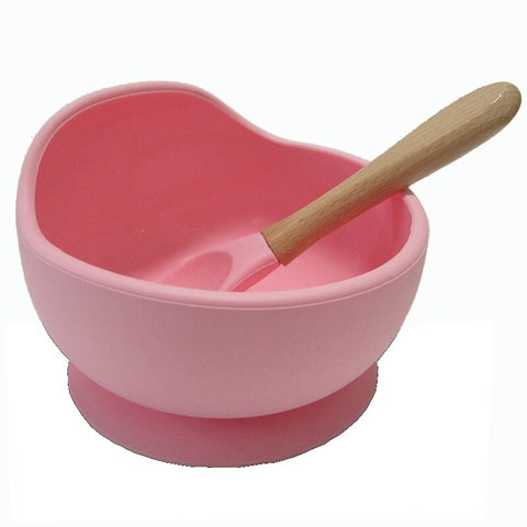 Baby Silicone Feeding Dinnerware Wooden Spoon Suction Bowl Baby Plate Kids Toddler Assist Set BPA Free High Quality Silicone