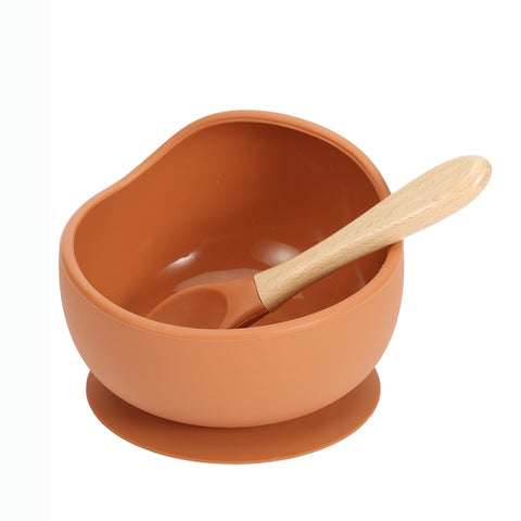 Baby Silicone Feeding Dinnerware Wooden Spoon Suction Bowl Baby Plate Kids Toddler Assist Set BPA Free High Quality Silicone