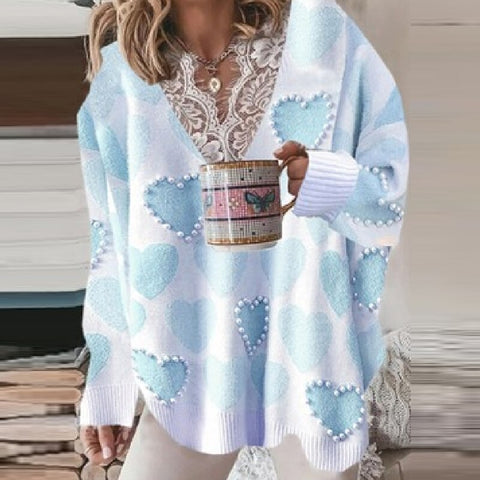Knitting Women Sweater Sexy V-neck Lace Winter Keep Warm Blouse Fashion Beading Love Smiley Printed Autumn Ladies Loose Sweaters