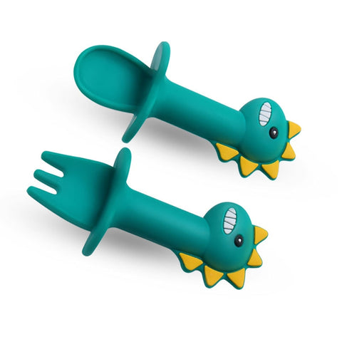 Baby Learning Spoon Fork Set Short Handle Easy Spoon Soft Silicone Utensils Teether Toy Feeding Cutlery Dinosaur Spoon Tableware