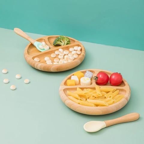 Baby Dinner Plate Baby Feeding Bowl Wooden Kids Feeding Dinnerware With Silicone Suction Cup Wooden Fork Spoon Children&#39;s Dishes