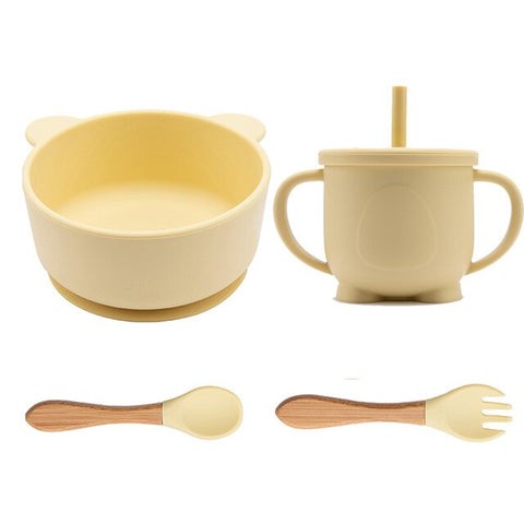 4Pcs/Set Silicone Baby Feeding Bowl Set Baby Learning Suction Bowl Cup Dinnerware Panda BPA Free Silicone Fork Spoon Dishes