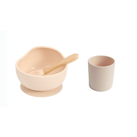 Baby Silicone Dinnerware Silicone Feeding Set Soft Cups BPA Free Wooden Spoon Kids Toddler Suction Bowl Food Grade Tableware
