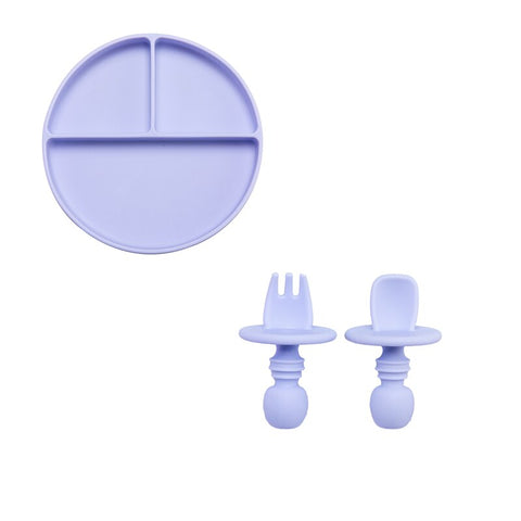 Fashion Solid Silicon Plate Set For Baby Kids Training Feeding Dinnerware Baby Learning Plate Set With Fork Spoon BPA Free