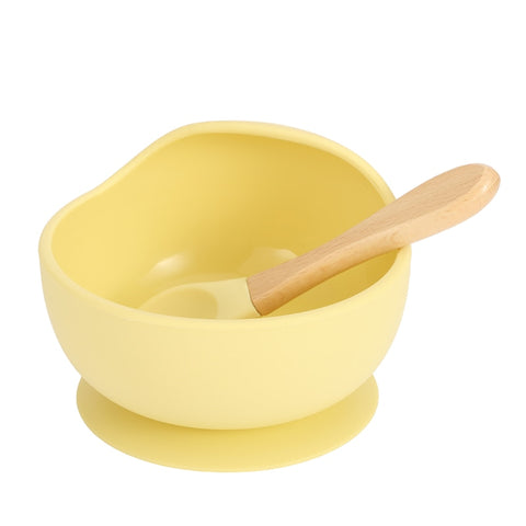 Baby Silicone Feeding Dinnerware Wooden Spoon Suction Bowl Baby Plate Kids Toddler Assist Set BPA Free High Quality Silicone