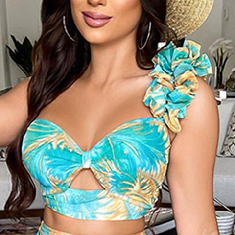 Summer New Women Sexy Slim Two Piece Set Off Shoulder Split Floral Print Crop Tops And Long Skirt Suit Lady Elegant 2 Piece Sets
