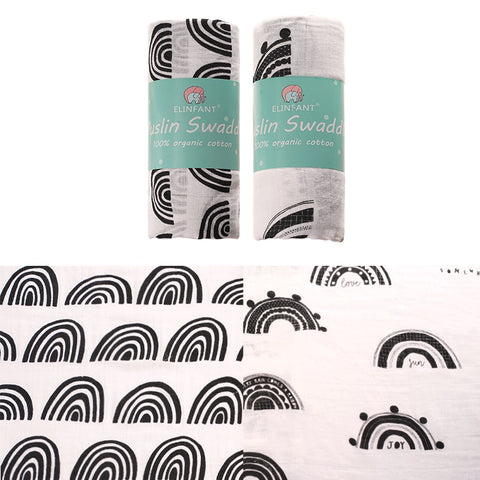 Elinfant 2pcs Muslin Cotton Swaddles washable baby blankets For Newborn Baby Blankets Black &amp; White Gauze Bath Towel
