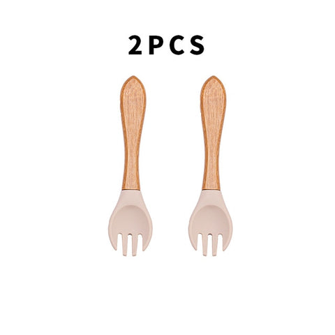 Baby Fork Spoon Silicone Wooden Feeding Spoon Soft Tip Fork BPA Free Food Grade Materia Bamboo Handle Toddlers Gifts