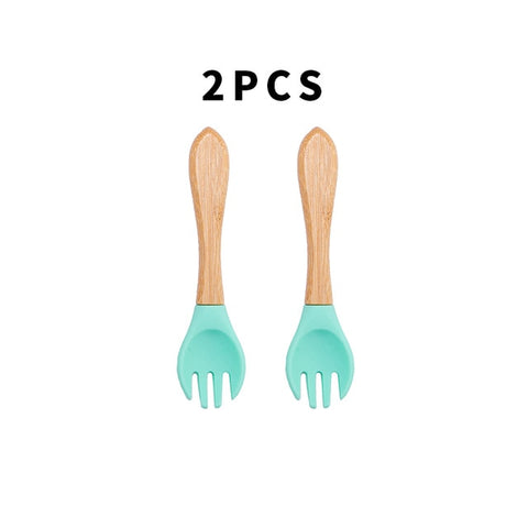 Baby Fork Spoon Silicone Wooden Feeding Spoon Soft Tip Fork BPA Free Food Grade Materia Bamboo Handle Toddlers Gifts