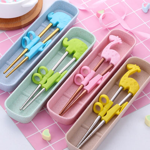 2Pairs Children Chopsticks For Kids Baby Staniless Steel Cartoon Learning Reusable Training Helper Chopsticks Home Baby Products