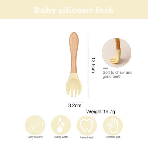 Baby Fork Spoon Silicone Wooden Feeding Spoon Soft Tip Fork BPA Free Food Grade Materia Bamboo Handle Toddlers Gifts