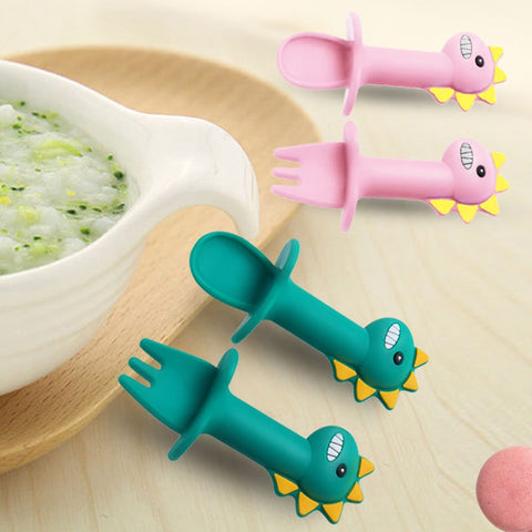 Baby Learning Spoon Fork Set Short Handle Easy Spoon Soft Silicone Utensils Teether Toy Feeding Cutlery Dinosaur Spoon Tableware