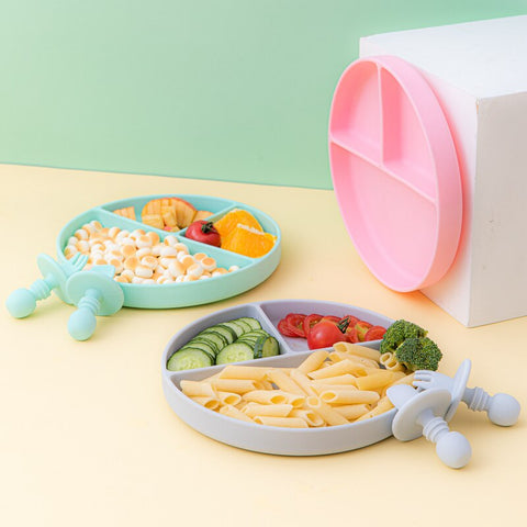 Fashion Solid Silicon Plate Set For Baby Kids Training Feeding Dinnerware Baby Learning Plate Set With Fork Spoon BPA Free